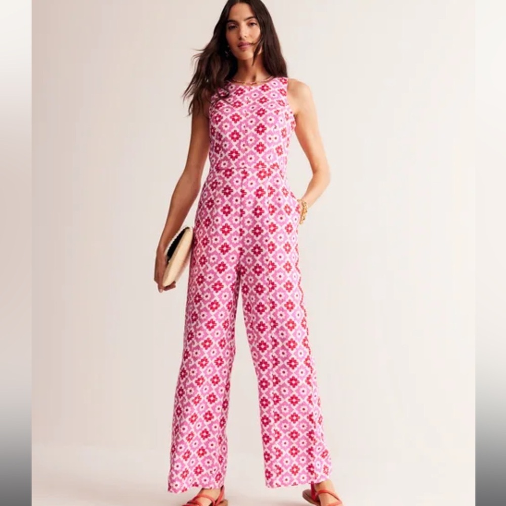 Boden Pink & White Geometric Sleeveless Jumpsuit - Size 0